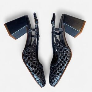 La Canadienne Woven Leather Slingback Block Heels Metallic Navy Blue Size 10.5